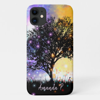 Cosmic rainbow sky with black silhouette tree iPhone 11 case