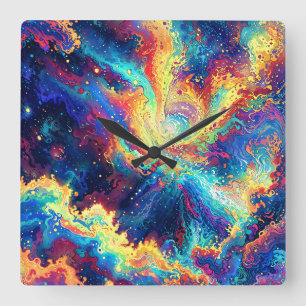 Cosmic Reaction - Vibrant and Colorful Abstract Square Wall Clock