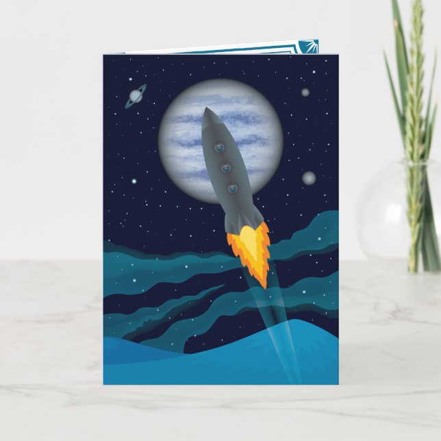 Cosmic Rocketship Scene Birthday Card (Front)