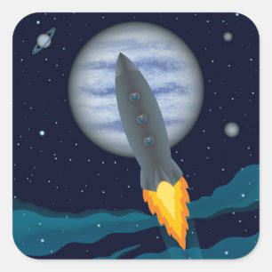 Cosmic Rocketship Scene Square Sticker