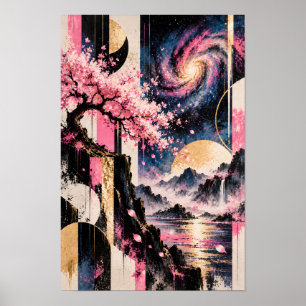 Cosmic Sakura Lunar Geometry Pink Gold Moon Art Poster