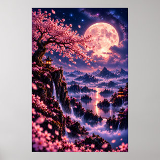 Cosmic Sakura: Violet Nebula Celestial Fantasy Art Poster
