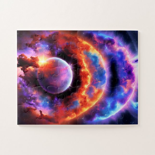 Cosmic Science Fiction Purple Orange Planets Jigsaw Puzzle (Horizontal)