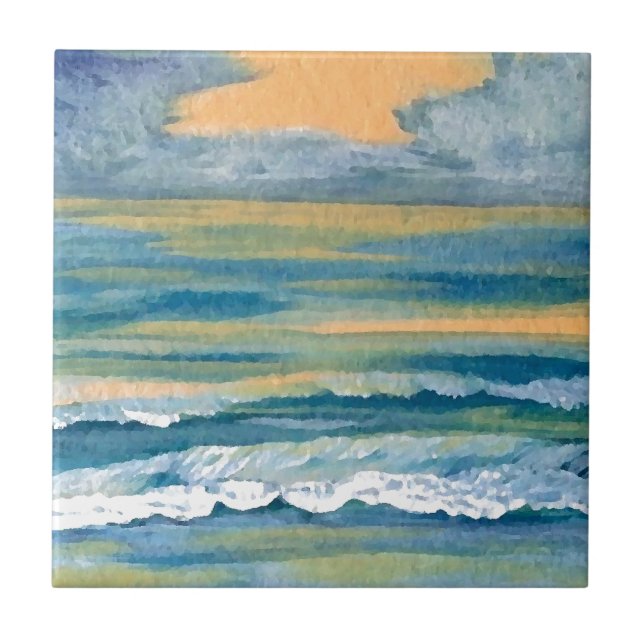 Cosmic Sea Yellow Gold and Blue Sunset Ocean Tile (Front)