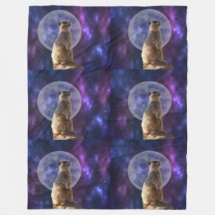 Cosmic Sentinel: Meerkat Under the Full Moon Fleece Blanket