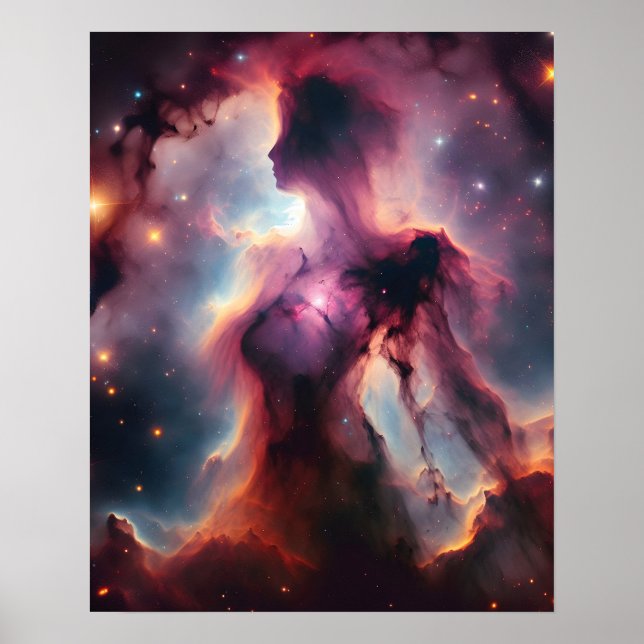 Cosmic Silhouette, Lady-Shaped Nebula and Stars Poster (Front)