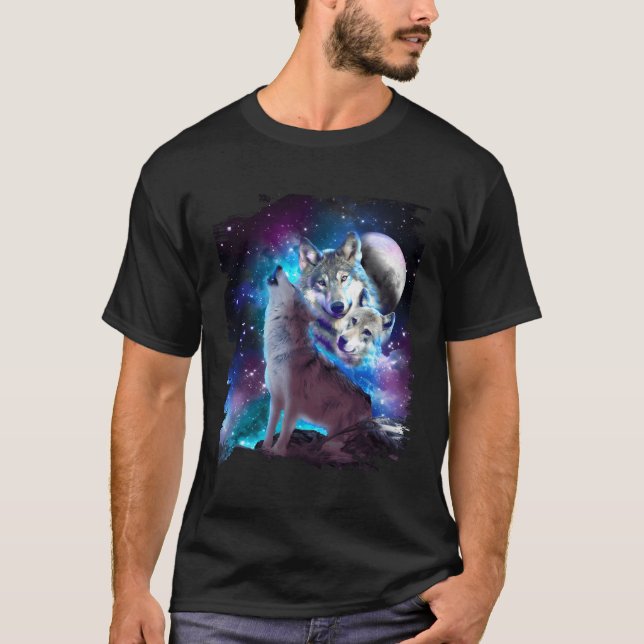 Cosmic Space Wolf Wolves Family Howling At Moon T-Shirt (Front)