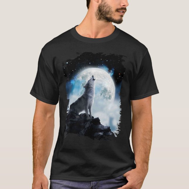 Cosmic Space Wolf Wolves Howling At Moon T-Shirt (Front)