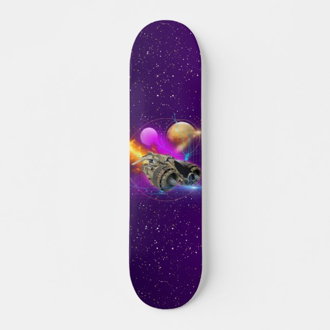Cosmic Spaceship & Planets Purple Retro Universe Skateboard (Front)