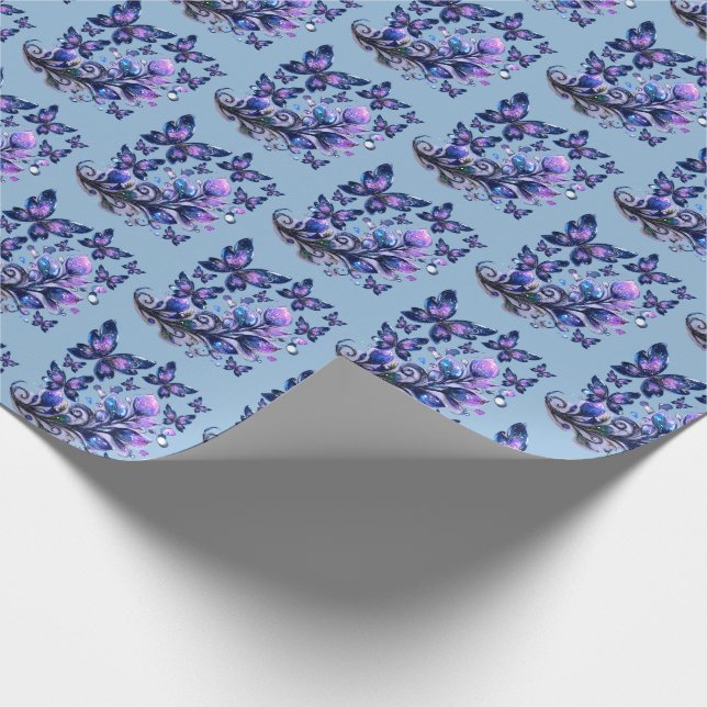Cosmic Sparkle Butterflies Pattern Blue Wrapping Paper (Corner)