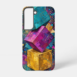 Cosmic Stacked Cubes - Teal Magenta Gold Abstract Samsung Galaxy Case