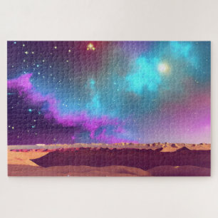 Cosmic Star Night Desert Below Purple and Blue Fog Jigsaw Puzzle