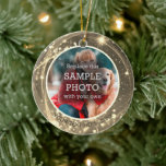 Cosmic Stars Gold Two Photo Ceramic Ornament<br><div class="desc">Design your own keepsake or gift ornament with two photos on this double-sided ceramic ornament featuring gold and white stars and lights and a place to add your personalised text on the front. Generic enough to use for any photo or occasion (i.e., family, pet, baby, sports, etc). The back side...</div>