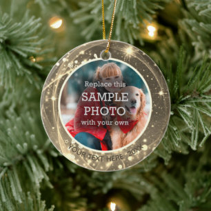 Cosmic Stars Gold Two Photo Ceramic Ornament