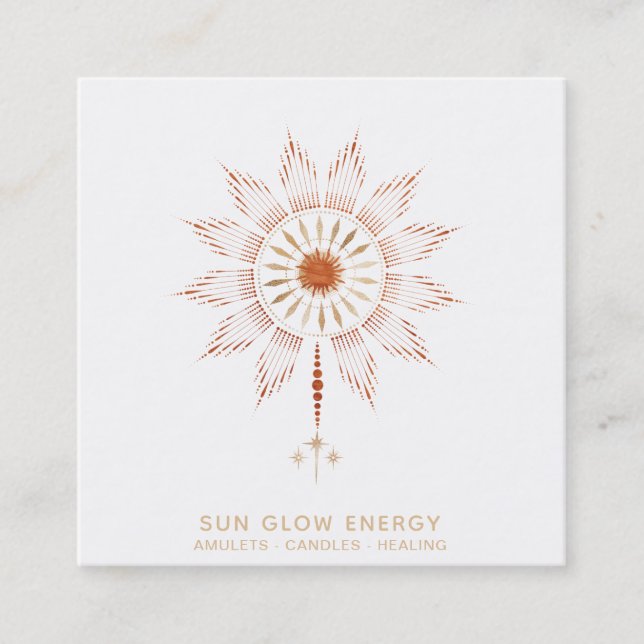 *~* Cosmic Stars Sun Rays Energy Glow Square Business Card (Front)