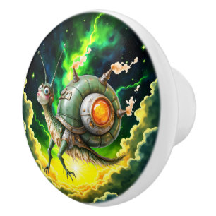 Cosmic Steampunk Snailbird – Neon Dream Creature.  Ceramic Knob