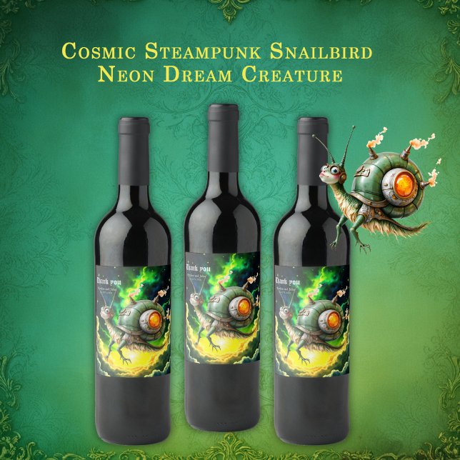 Cosmic Steampunk Snailbird – Neon Dream Creature.  Wine Label (Creator Uploaded)