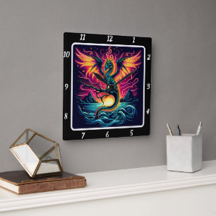 Cosmic Storm Neon Dragon Square Wall Clock