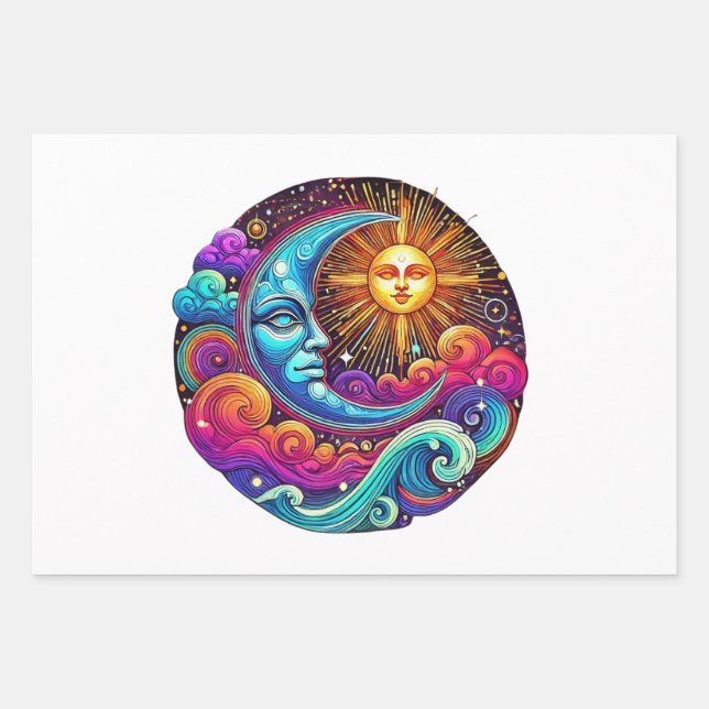 Cosmic Sun and Moon Celestial Dreams Wrapping Paper Sheet (Front)