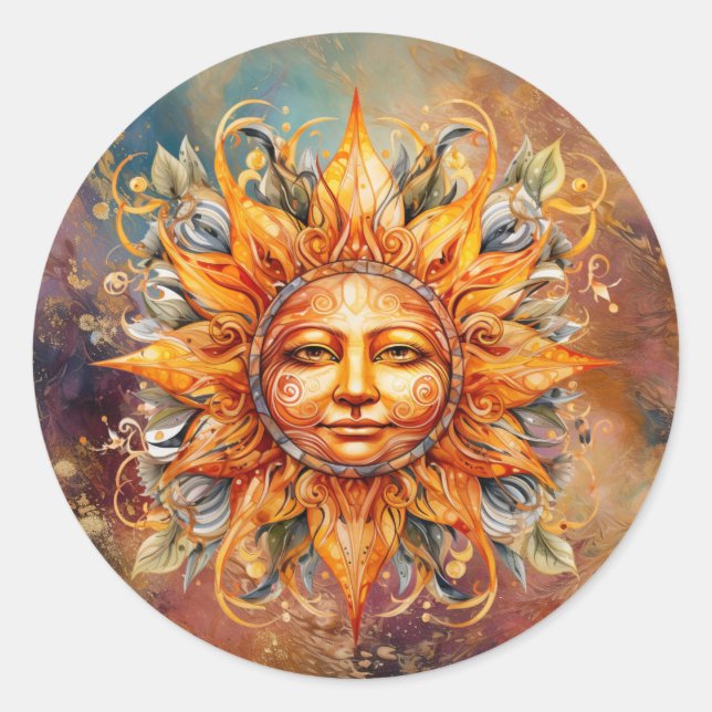 Cosmic Sun Face Digital Art Classic Round Sticker (Front)