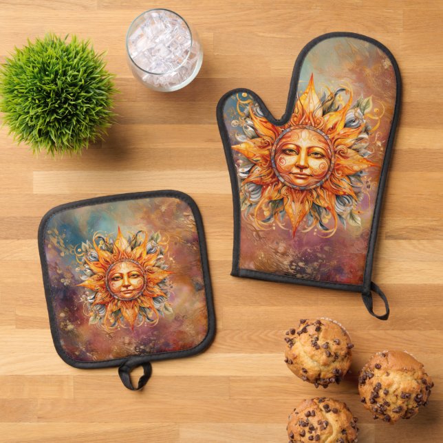 Cosmic Sun Face Digital Art Oven Mitt & Pot Holder Set (Top Down)