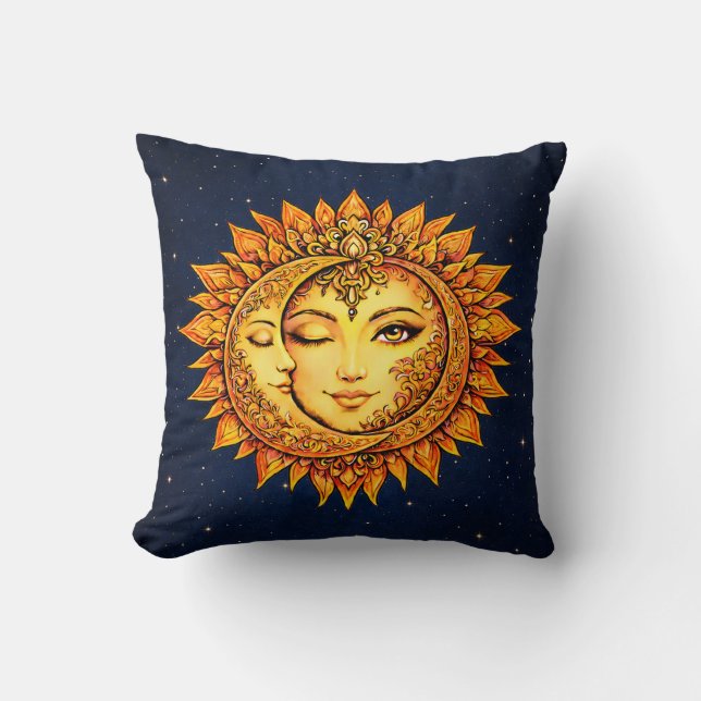 Cosmic Sun Moon Boho Goddess Celestial Mandala Art Cushion (Front)