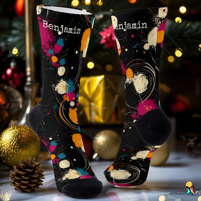 Cosmic Swirl Abstract Black with Bright Colours Socks (Creator Uploaded)