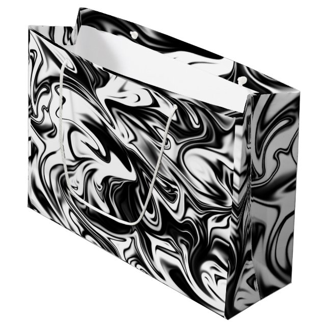 "Cosmic Swirl: The Black and White Marble Elegance Large Gift Bag (Front Angled)
