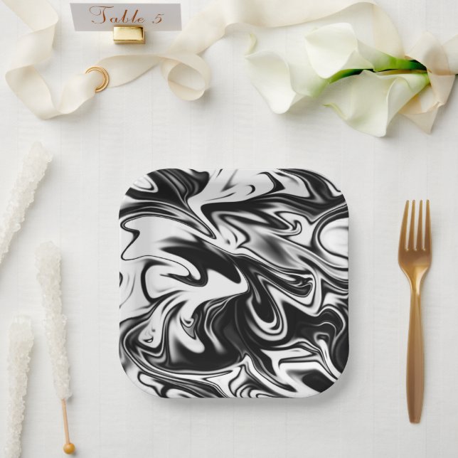 "Cosmic Swirl: The Black and White Marble Elegance Paper Plate (Wedding)