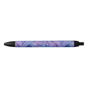 Cosmic Teal-Purple Feather Swirl Pattern Black Ink Pen