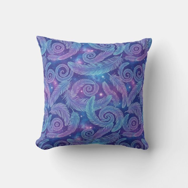 Cosmic Teal-Purple Feather Swirl Pattern Cushion (Front)