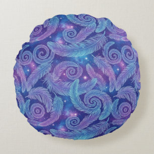Cosmic Teal-Purple Feather Swirl Pattern Round Cushion