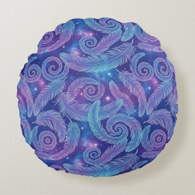 Cosmic Teal-Purple Feather Swirl Pattern Round Cushion (Front)