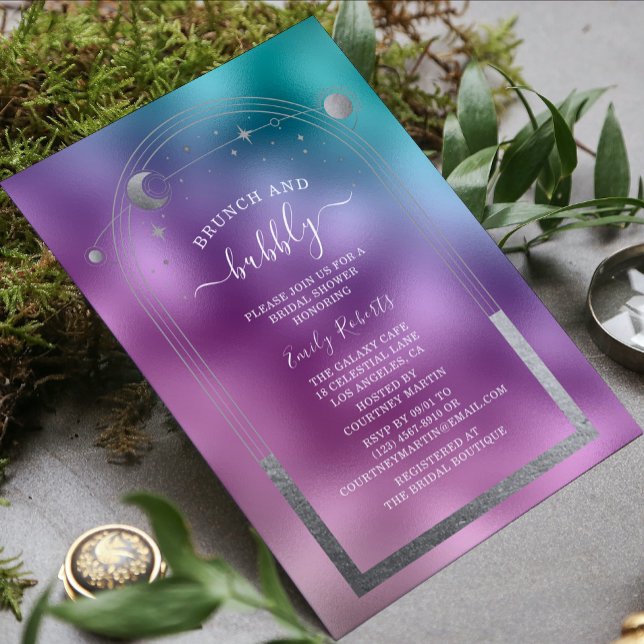 Cosmic Teal Purple Silver Celestial Bridal Shower Invitation (Creator Uploaded)