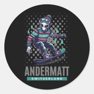 Cosmic Thrills - Alien Snowboarding In Andermatt S Classic Round Sticker