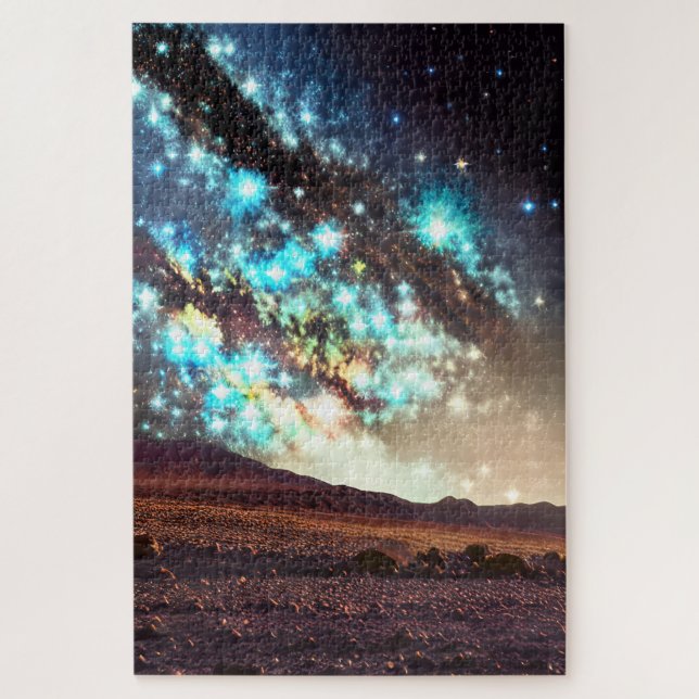 Cosmic turquoise galaxy lights show over desert jigsaw puzzle (Vertical)
