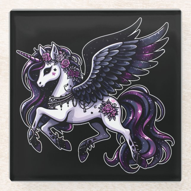 Cosmic unicorn glitter dark pegasus glass coaster (Front)