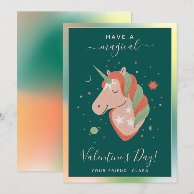 Cosmic Unicorn Kids Classroom Valentine's Day Star Holiday Card (Front/Back)