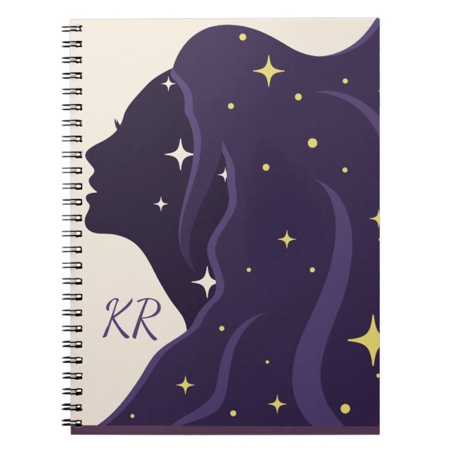 Cosmic Universe Lady Purple Gold Stars Personalise Notebook (Front)