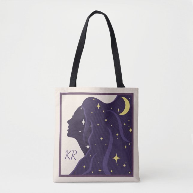 Cosmic Universe Lady Purple Gold Stars Personalise Tote Bag (Front)