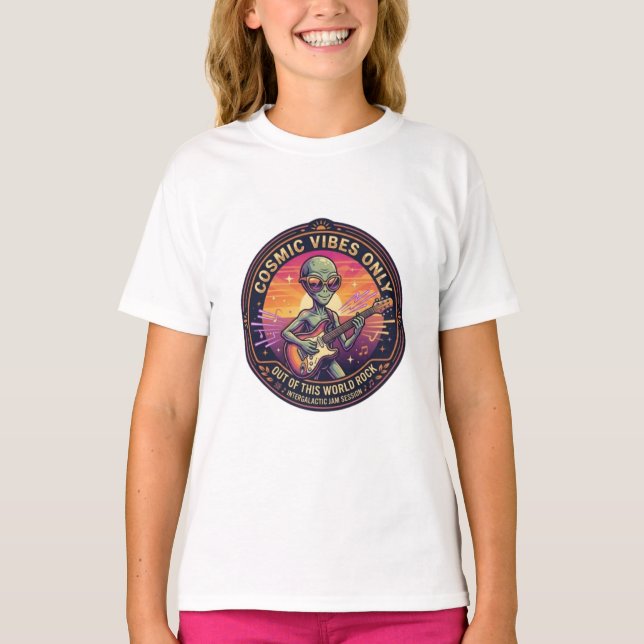 Cosmic Vibes Only | Funny Alien Rock Star T-Shirt (Front)