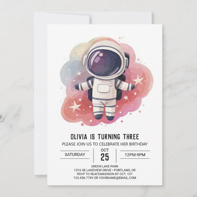 Cosmic Watercolor Explorer Astronaut Birthday Invitation (Front)