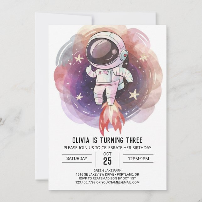 Cosmic Watercolor Magic Astronaut Birthday Invitation (Front)