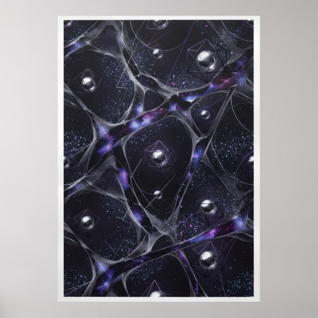 Cosmic Web Silver Orbs Abstract Poster (Front)