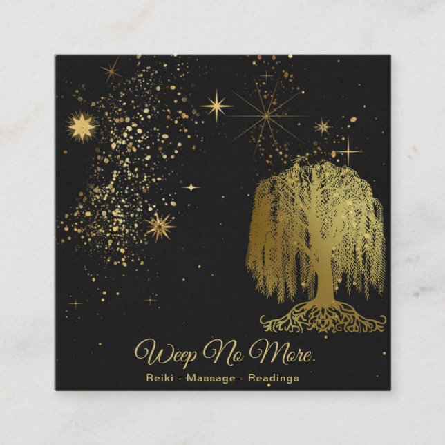 *~* Cosmic -  Weeping Willow Tree Gold Universe Square Business Card (Front)