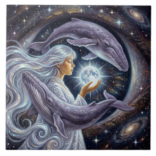 Cosmic Whale & Girl Photo Tile