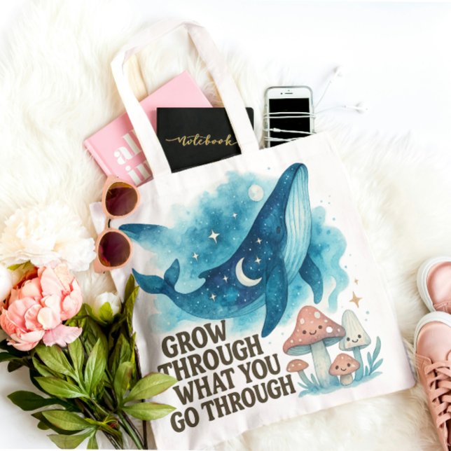 Cosmic Whale & Mushrooms Tote Bag (“Grow through what you go through — carry your resilience with style.”)