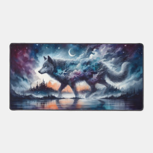 Cosmic Wolf Beneath Moonlit Skies Desk Mat