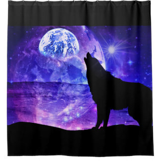Cosmic Wolf - Moon Shower Curtain Purple and Black