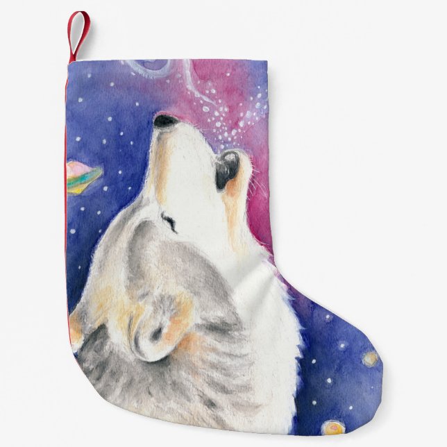 Cosmic Wolf Watercolor Art Small Christmas Stocking (Front)